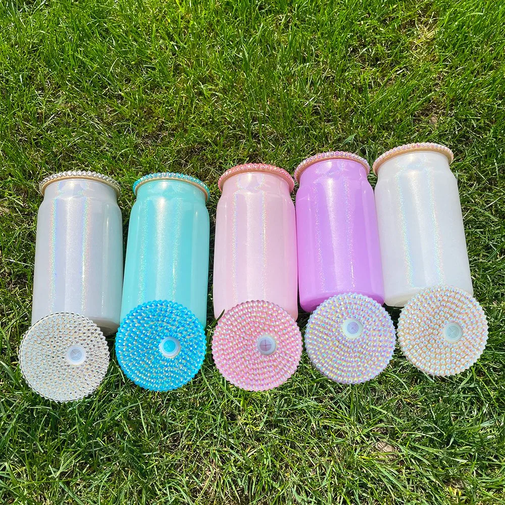 16oz Shimmer Glitter Glass with Diamond Lids Clear Sparkling Holographic Shimmer Glass with Plastic Straw Soda Beer Coffee Tumbler Cups USA Warehouse